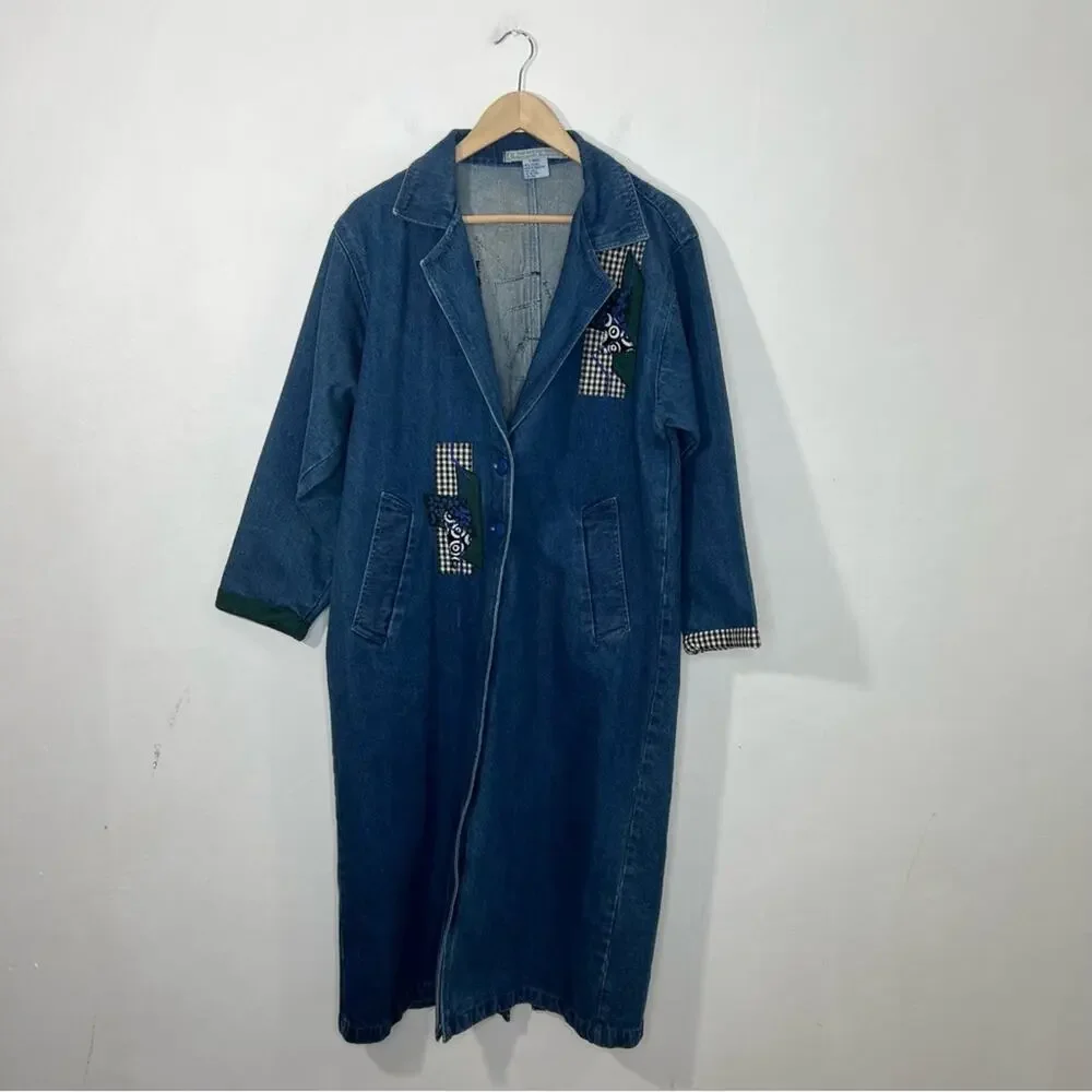Vintage Denim Applique Created By Connie Oversized Long Trench Coat Size XS